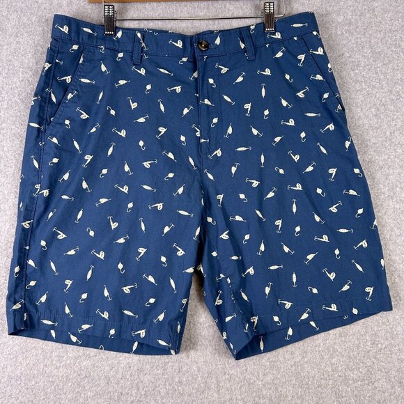 Eddie Bauer Shorts Mens 34 Blue Fishing Hook Print Pockets Novelty Casual Preppy - Picture 1 of 11